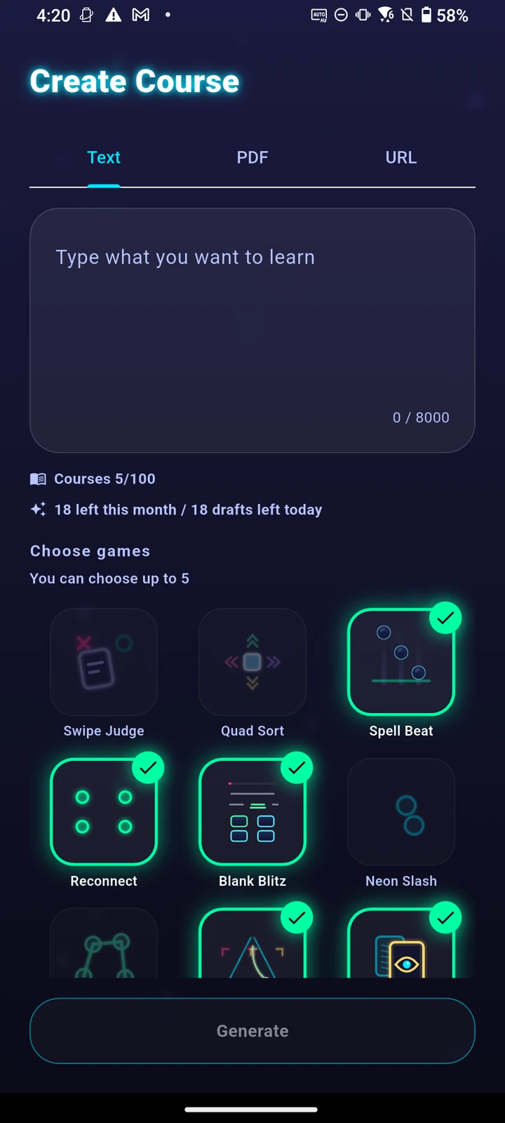 Course creation screen with text, PDF and URL tabs, plus a grid of 9 game types to choose from.
