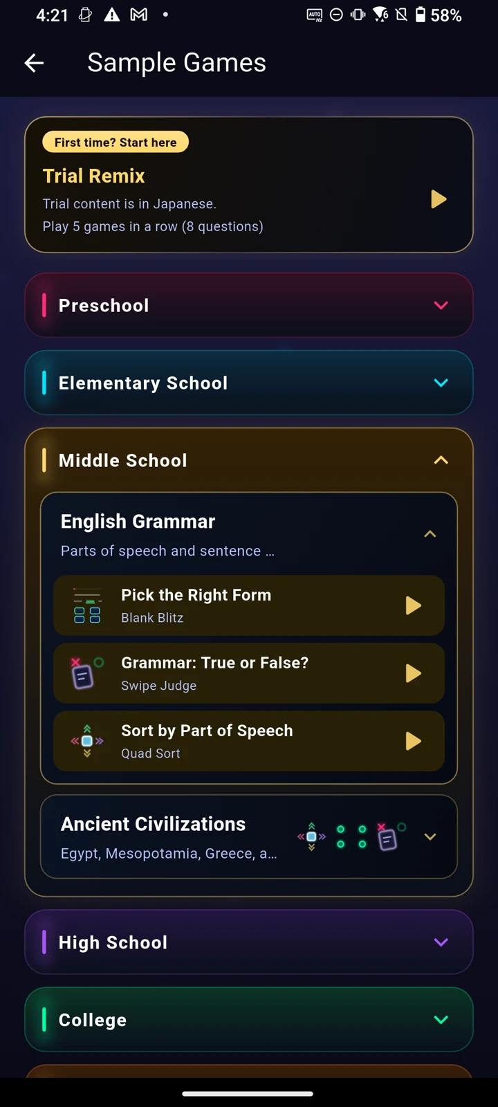 Sample Games library with a gold Demo Remix card and learning stages from preschool to university.