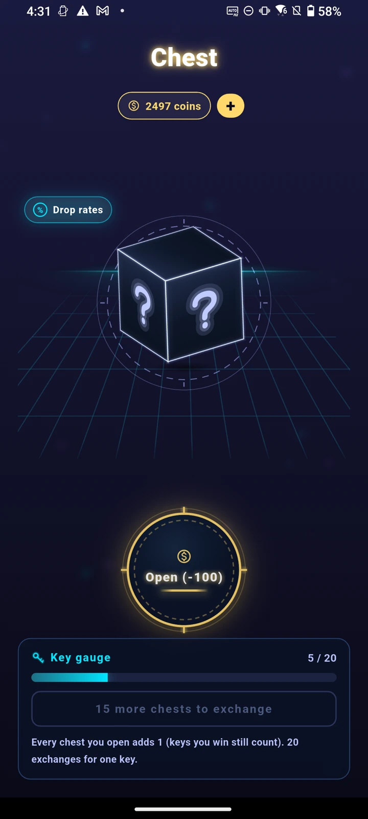 Treasure chest screen showing 2,092 coins, an Open (-100) button and a key meter at 5/20.