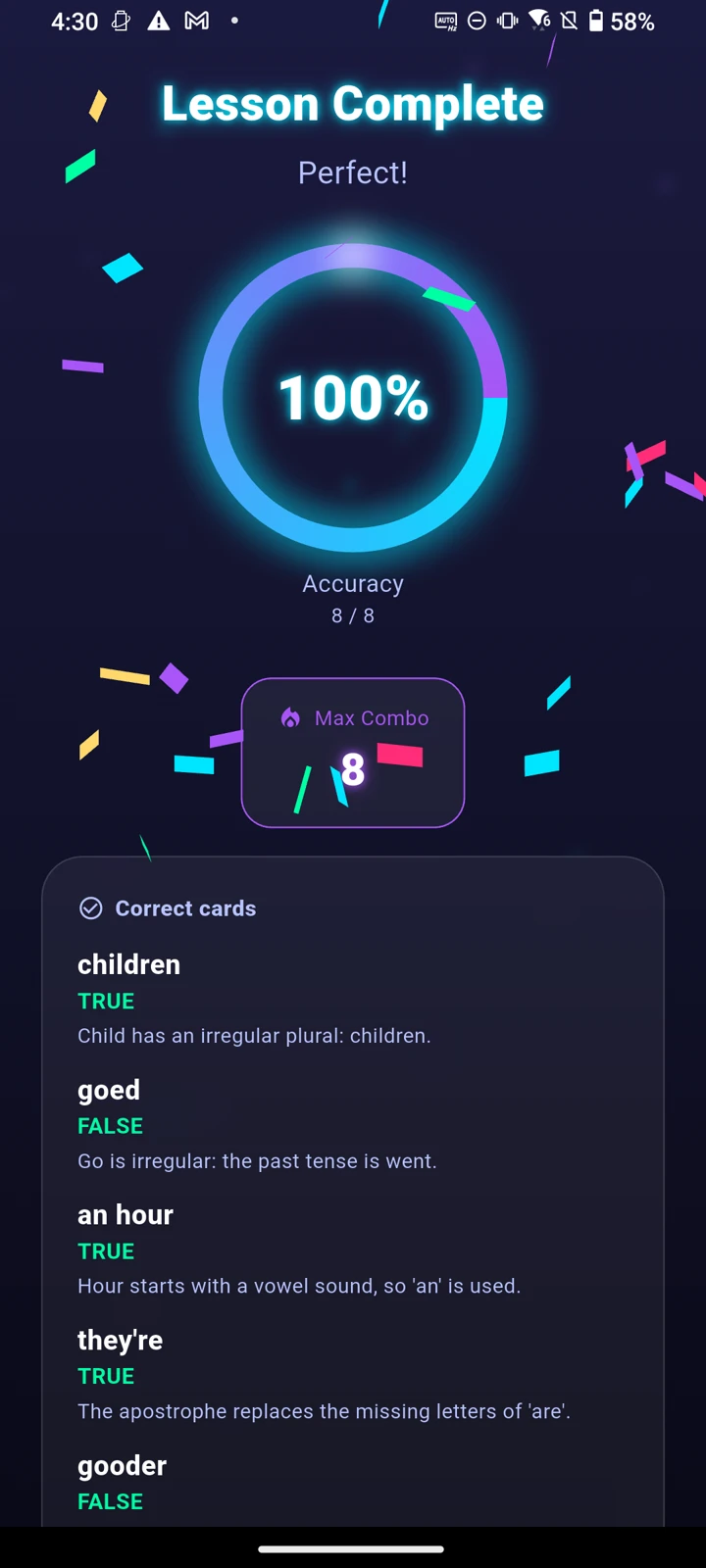 Lesson results: 63% correct (5/8), a best combo of 3, and a look back at correct and missed cards.